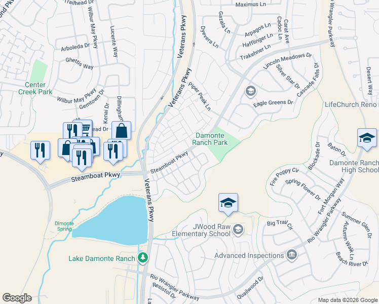map of restaurants, bars, coffee shops, grocery stores, and more near 1851 Steamboat Parkway in Reno