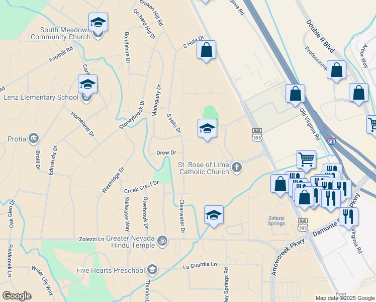 map of restaurants, bars, coffee shops, grocery stores, and more near 13460 South Hills Drive in Reno