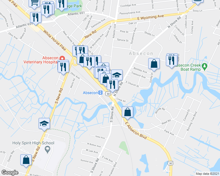 map of restaurants, bars, coffee shops, grocery stores, and more near 102 New Jersey Avenue in Absecon