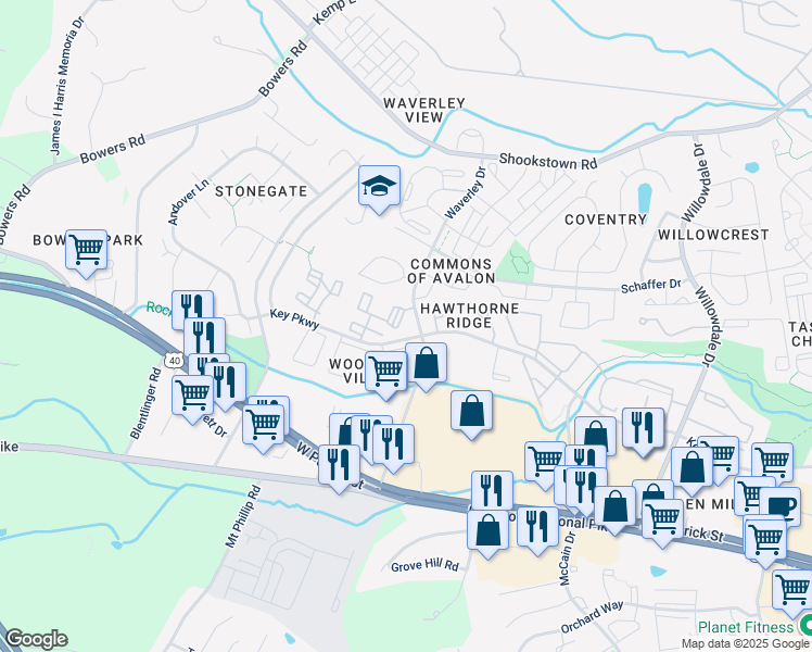 map of restaurants, bars, coffee shops, grocery stores, and more near 1401 Key Parkway in Frederick