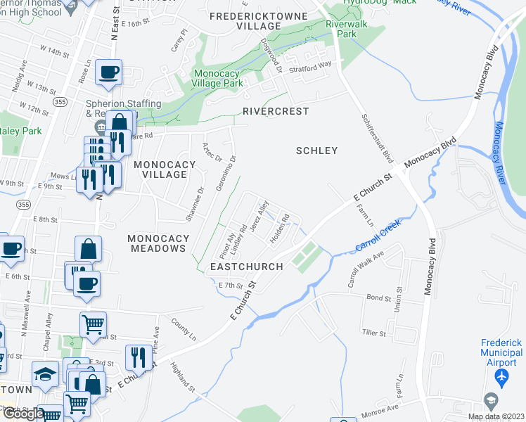 map of restaurants, bars, coffee shops, grocery stores, and more near 605 Blandwood Road in Frederick