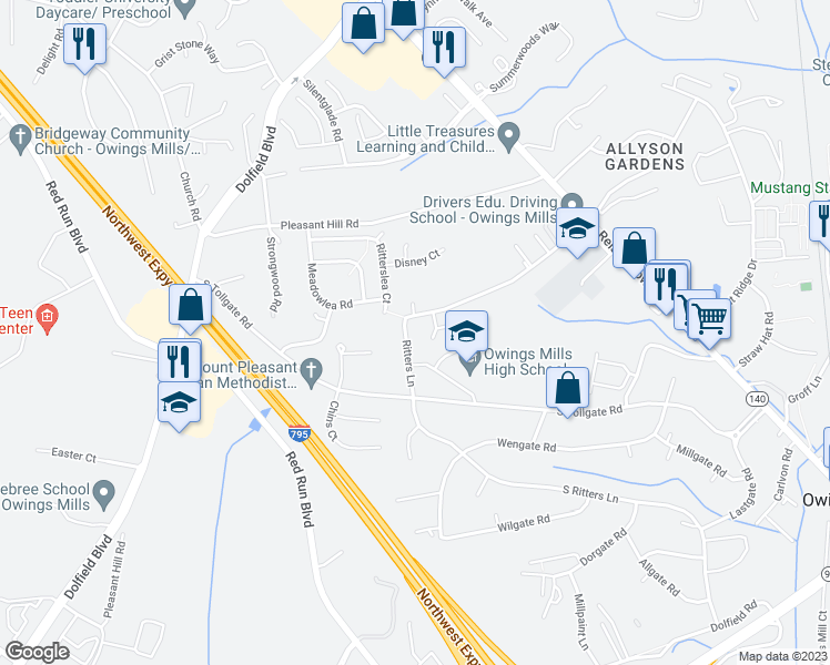 map of restaurants, bars, coffee shops, grocery stores, and more near 75 Ritters Lane in Owings Mills