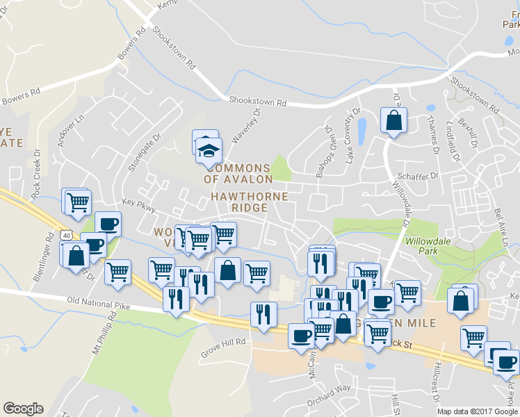 map of restaurants, bars, coffee shops, grocery stores, and more near 220 Key Parkway in Frederick