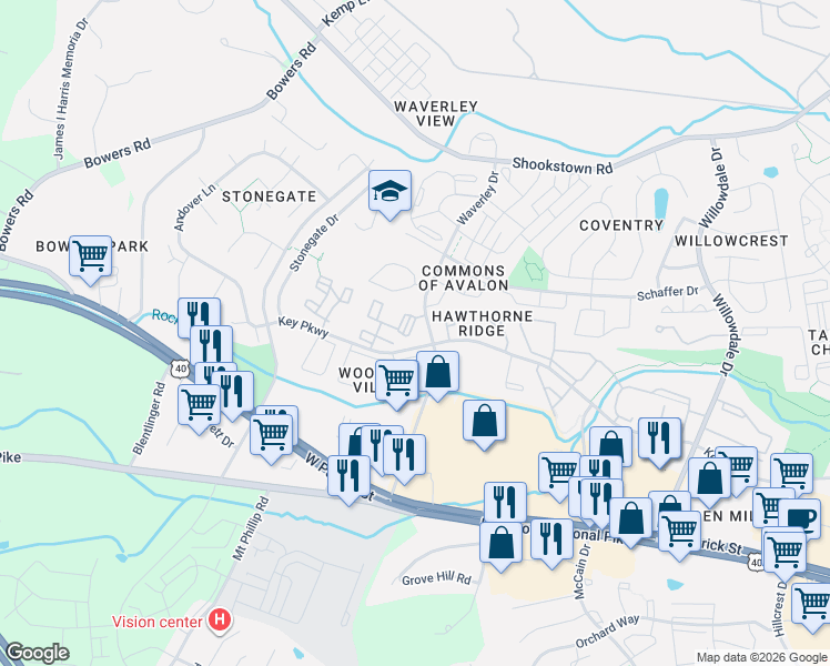 map of restaurants, bars, coffee shops, grocery stores, and more near 1401 Key Parkway in Frederick