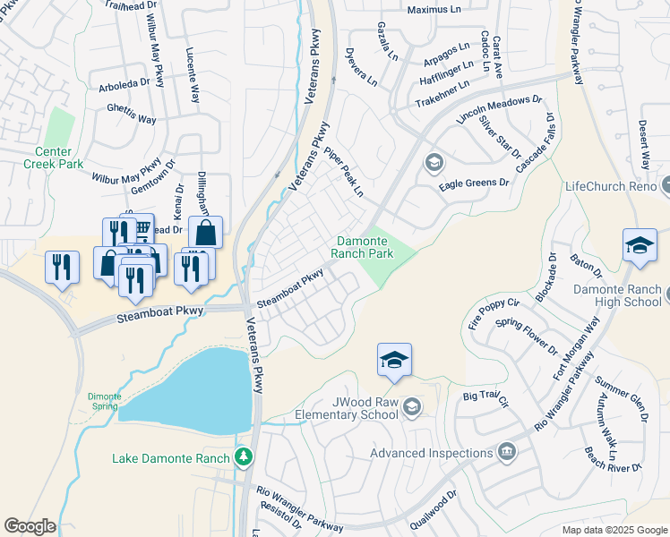 map of restaurants, bars, coffee shops, grocery stores, and more near 1999 Wind Ranch Road in Reno
