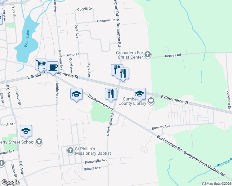 map of restaurants, bars, coffee shops, grocery stores, and more near 10 South Burlington Road in Bridgeton