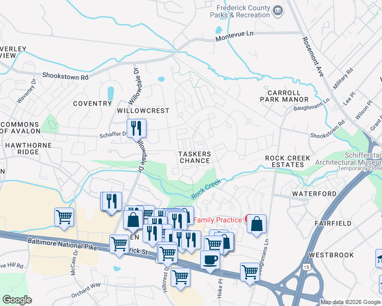 map of restaurants, bars, coffee shops, grocery stores, and more near 104 Crossbill Way in Frederick