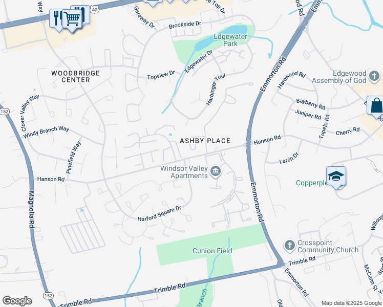 map of restaurants, bars, coffee shops, grocery stores, and more near 1606 Ashby Square Drive in Edgewood