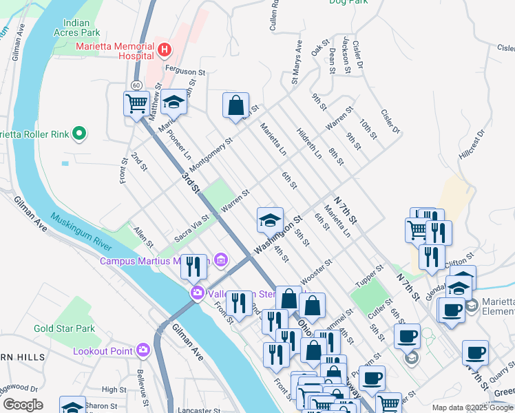 map of restaurants, bars, coffee shops, grocery stores, and more near 624 4th Street in Marietta