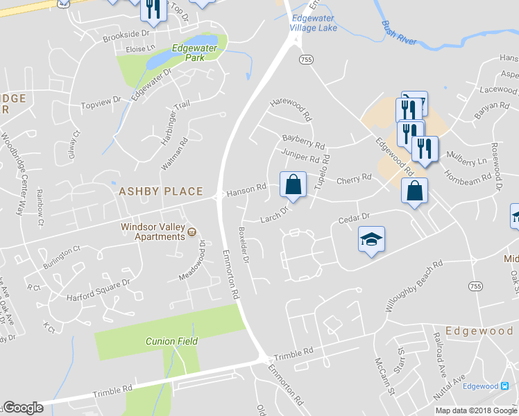 map of restaurants, bars, coffee shops, grocery stores, and more near 600 Bayberry Court in Edgewood