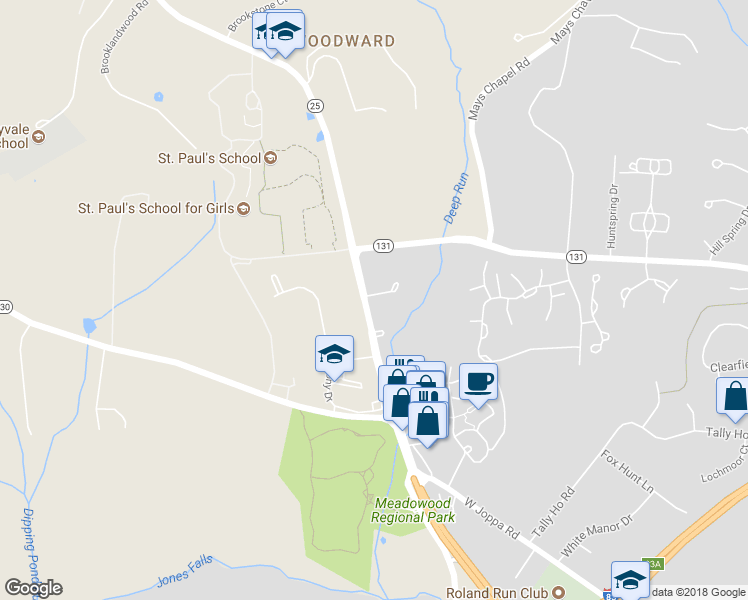 map of restaurants, bars, coffee shops, grocery stores, and more near 10925 Falls Road in Lutherville-Timonium
