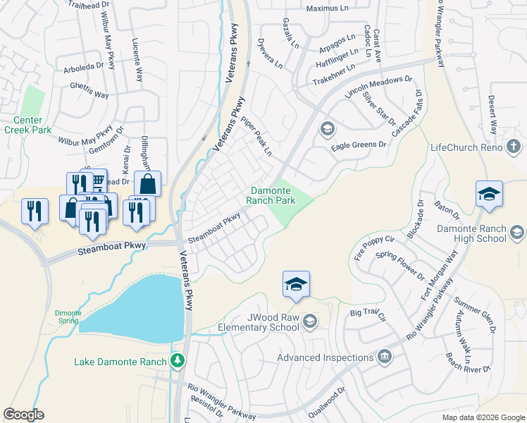 map of restaurants, bars, coffee shops, grocery stores, and more near 1999 Wind Ranch Road in Reno