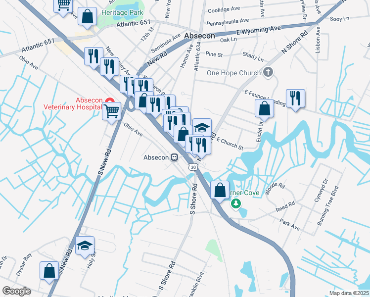 map of restaurants, bars, coffee shops, grocery stores, and more near 102 New Jersey Avenue in Absecon