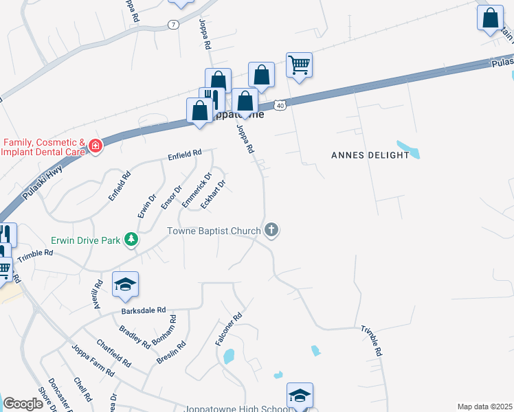 map of restaurants, bars, coffee shops, grocery stores, and more near 1008 Joppa Road in Joppa