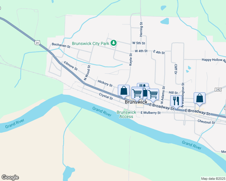 map of restaurants, bars, coffee shops, grocery stores, and more near 108 N Taylor St in Brunswick