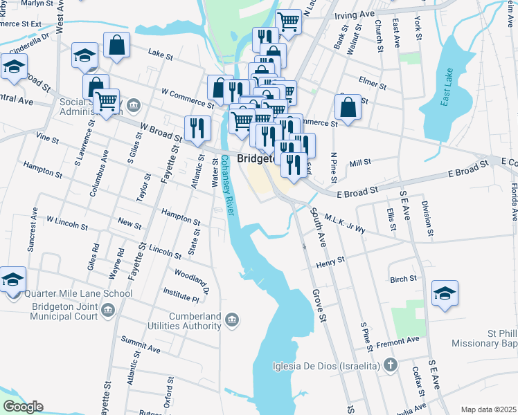 map of restaurants, bars, coffee shops, grocery stores, and more near 1 Glass Street in Bridgeton