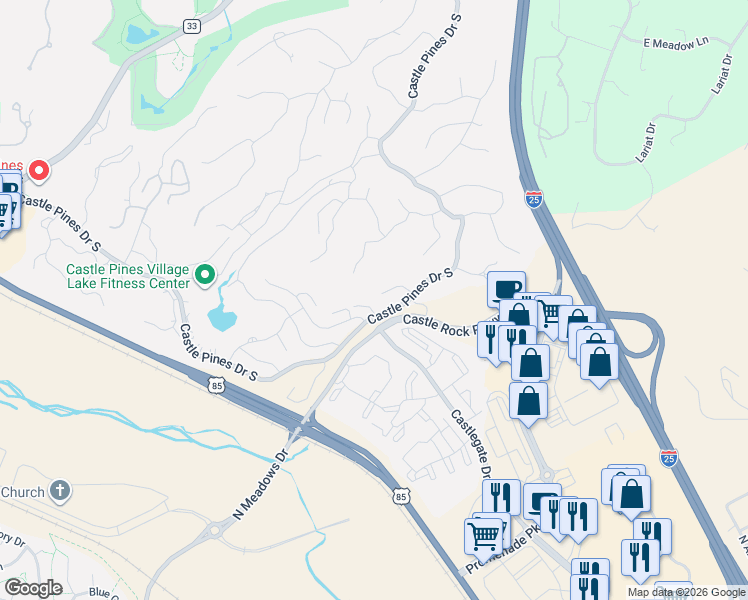 map of restaurants, bars, coffee shops, grocery stores, and more near 5108 Pine River Trail in Castle Rock