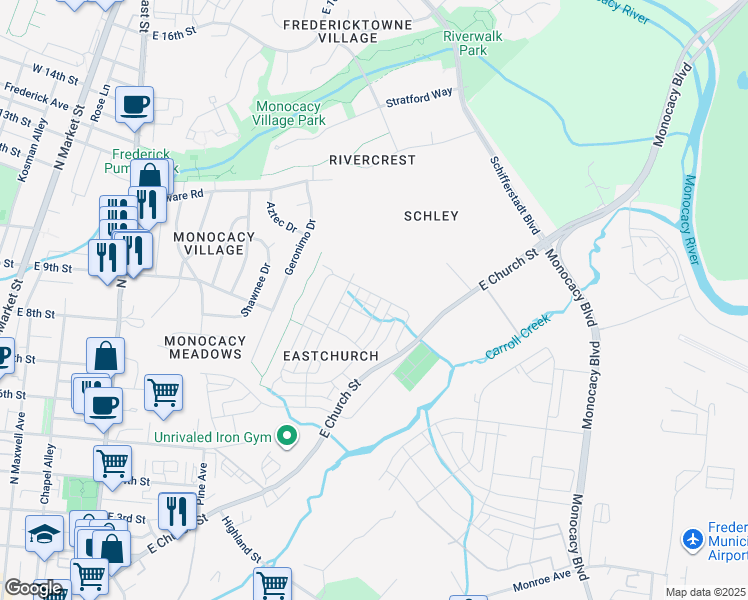 map of restaurants, bars, coffee shops, grocery stores, and more near 747 Holden Road in Frederick