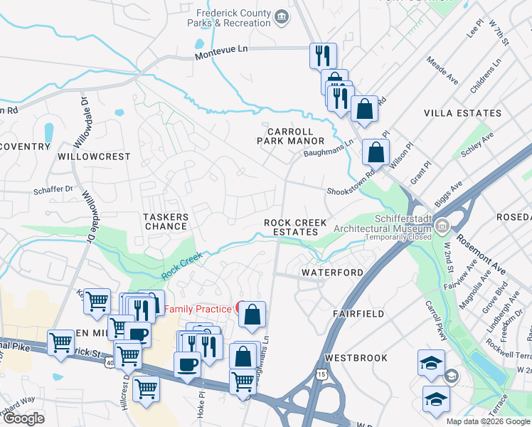 map of restaurants, bars, coffee shops, grocery stores, and more near 1716 Atlas Drive in Frederick