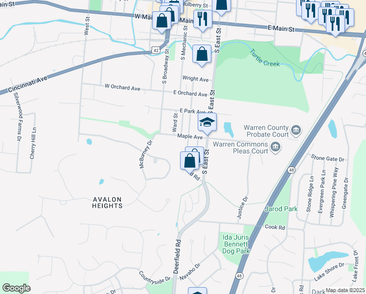 map of restaurants, bars, coffee shops, grocery stores, and more near 597 Deerfield Road in Lebanon