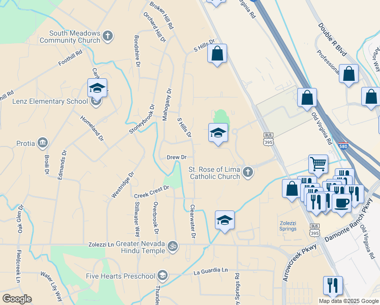 map of restaurants, bars, coffee shops, grocery stores, and more near 13460 South Hills Drive in Reno
