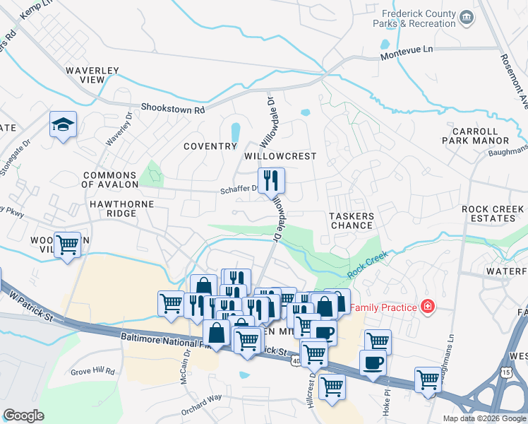 map of restaurants, bars, coffee shops, grocery stores, and more near 1205 Little Brook Drive in Frederick