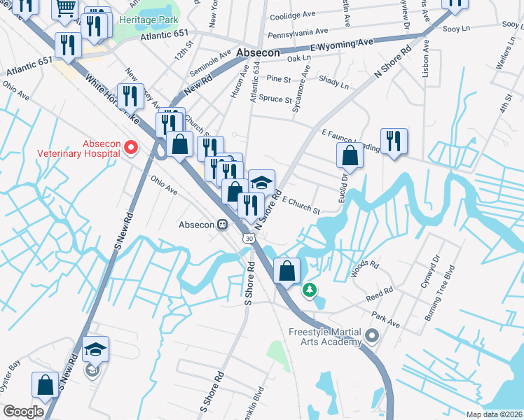 map of restaurants, bars, coffee shops, grocery stores, and more near 49 North Shore Road in Absecon