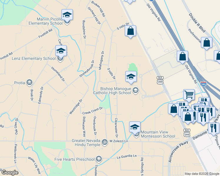 map of restaurants, bars, coffee shops, grocery stores, and more near 140 Drew Drive in Reno