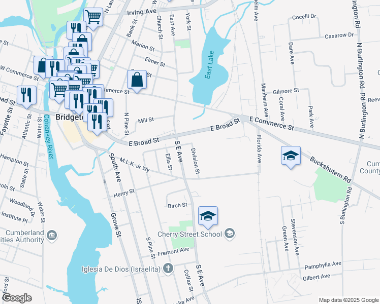map of restaurants, bars, coffee shops, grocery stores, and more near 55 South East Avenue in Bridgeton