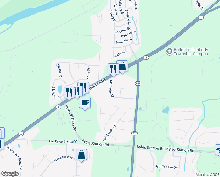 map of restaurants, bars, coffee shops, grocery stores, and more near 4911 Mercedes Drive in Butler County