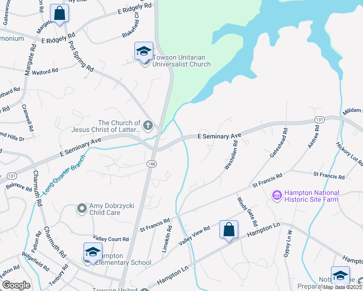 map of restaurants, bars, coffee shops, grocery stores, and more near 503 East Seminary Avenue in Towson