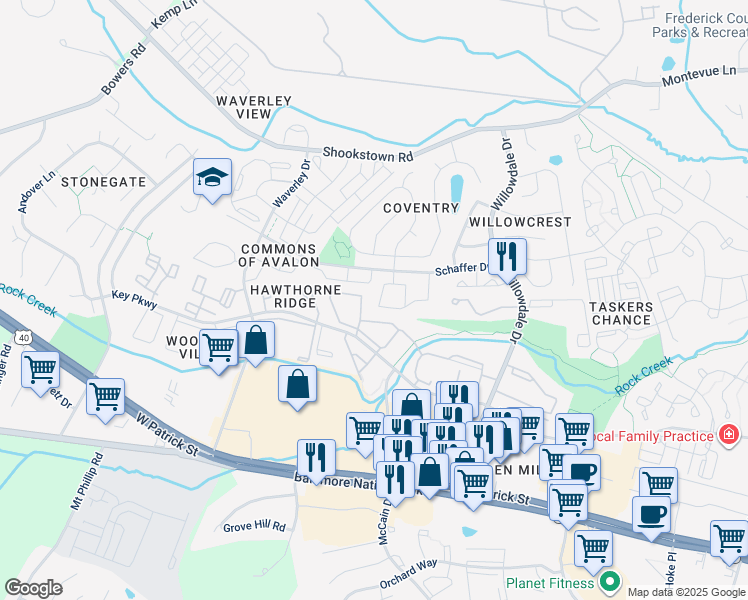 map of restaurants, bars, coffee shops, grocery stores, and more near 100 Victoria Square in Frederick