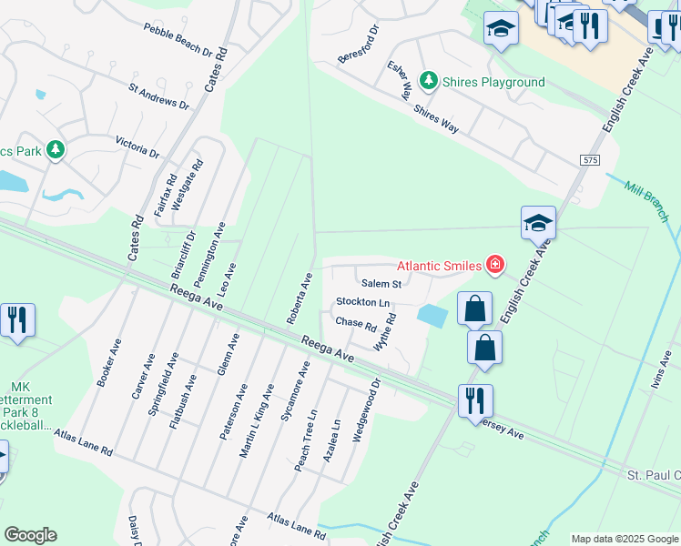 map of restaurants, bars, coffee shops, grocery stores, and more near 104 Horseshoe Court in Egg Harbor Township