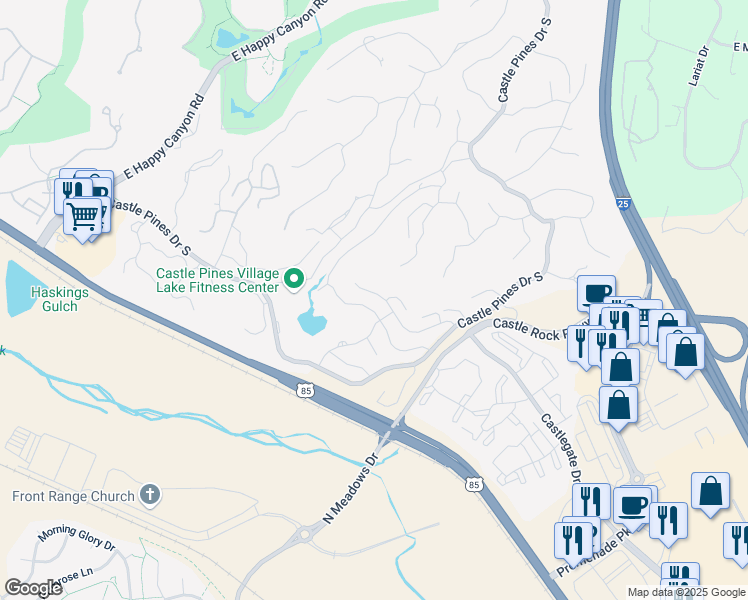 map of restaurants, bars, coffee shops, grocery stores, and more near 5124 Pine River Trail in Castle Rock