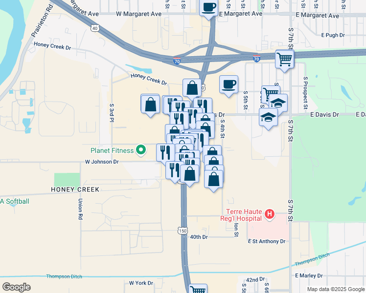 map of restaurants, bars, coffee shops, grocery stores, and more near 3373 U.S. 41 in Terre Haute