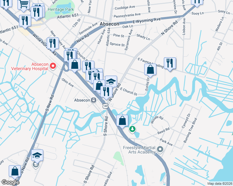 map of restaurants, bars, coffee shops, grocery stores, and more near 49 North Shore Road in Absecon