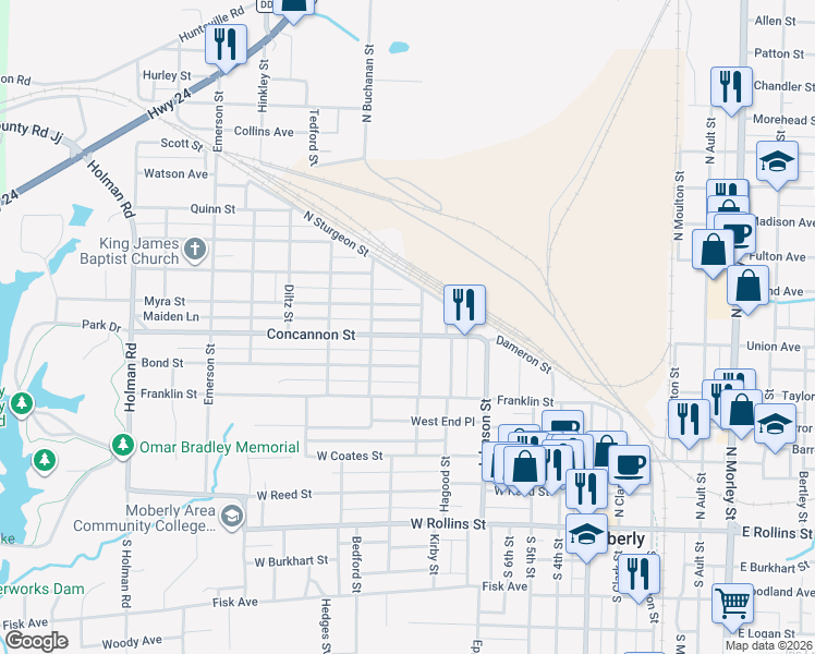 map of restaurants, bars, coffee shops, grocery stores, and more near 800-898 Concannon Street in Moberly