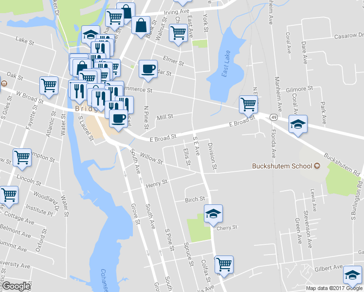 map of restaurants, bars, coffee shops, grocery stores, and more near 16-18 Ellis Street in Bridgeton