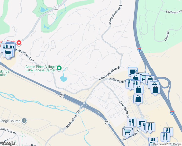 map of restaurants, bars, coffee shops, grocery stores, and more near 5112 Pine River Trail in Castle Rock