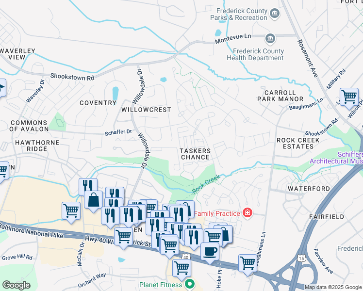 map of restaurants, bars, coffee shops, grocery stores, and more near 127 Heathfield Drive in Frederick