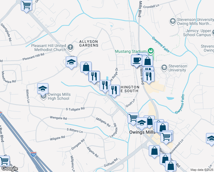 map of restaurants, bars, coffee shops, grocery stores, and more near 5 Pleasant Ridge Drive in Owings Mills