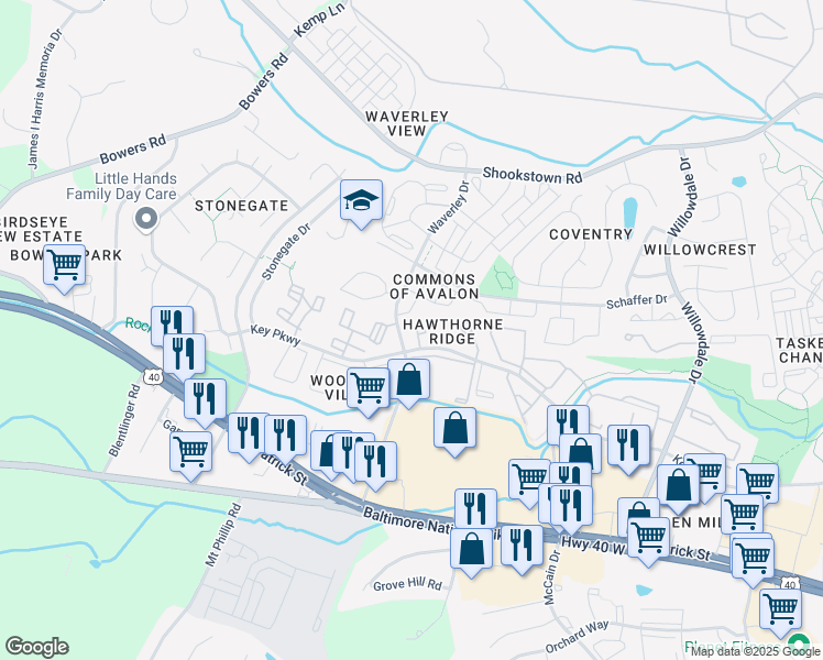 map of restaurants, bars, coffee shops, grocery stores, and more near 114 Key Parkway in Frederick