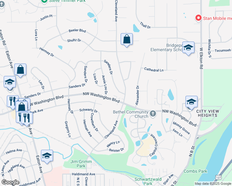 map of restaurants, bars, coffee shops, grocery stores, and more near 1866 Northwest Washington Boulevard in Hamilton