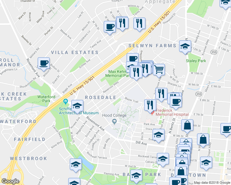 map of restaurants, bars, coffee shops, grocery stores, and more near 610 Fairview Avenue in Frederick