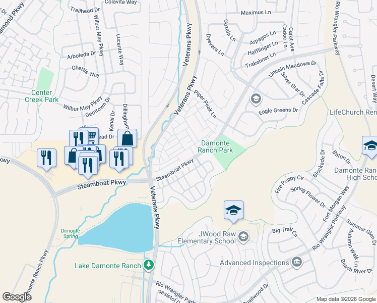 map of restaurants, bars, coffee shops, grocery stores, and more near 1851 Steamboat Parkway in Reno