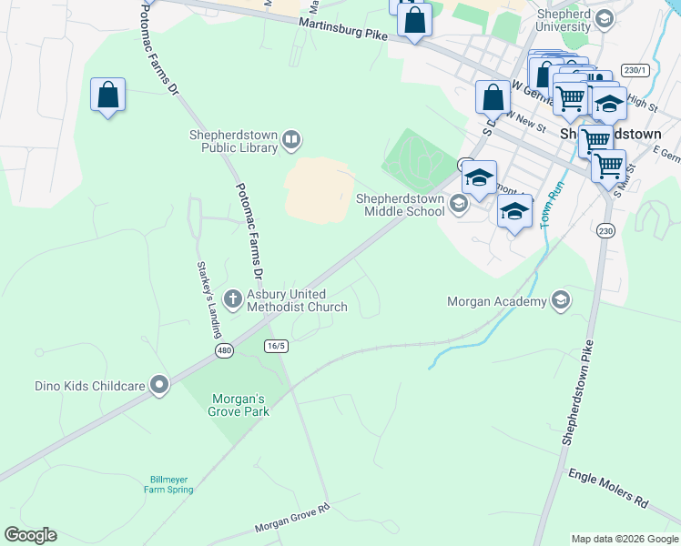 map of restaurants, bars, coffee shops, grocery stores, and more near 4540 Kearneysville Pike in Shepherdstown