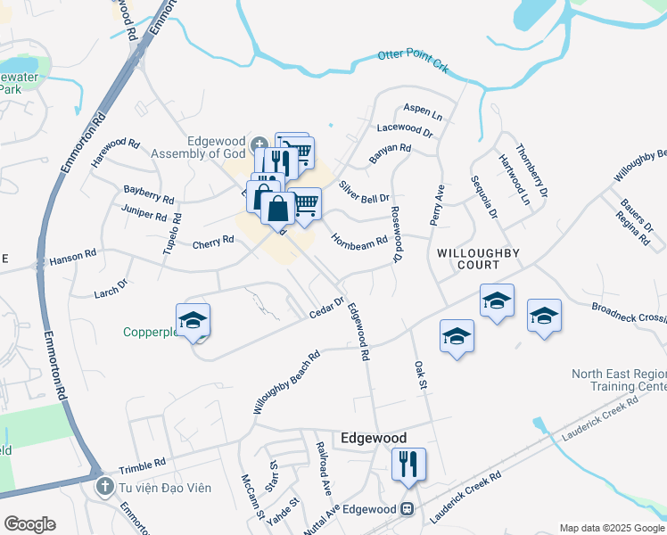map of restaurants, bars, coffee shops, grocery stores, and more near 611 Edgewood Road in Edgewood