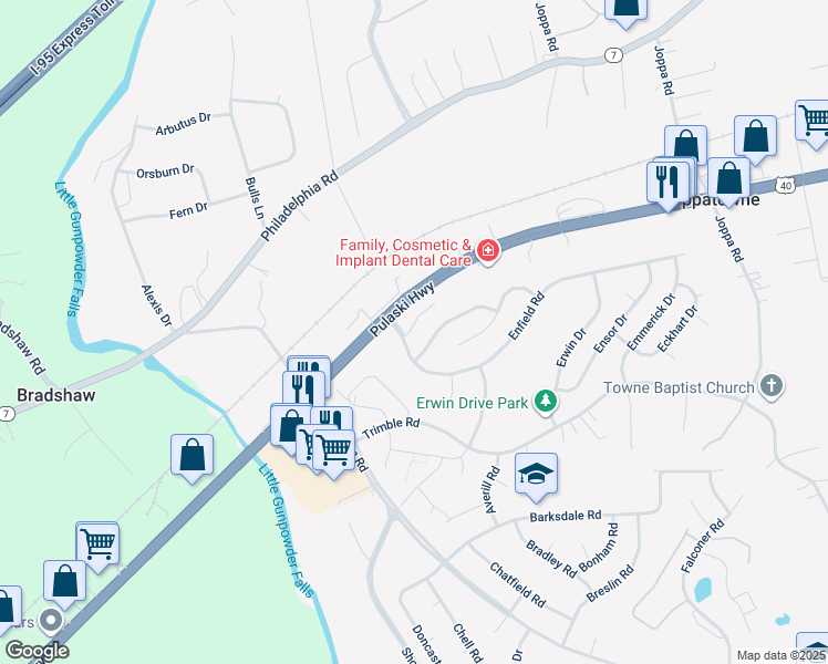 map of restaurants, bars, coffee shops, grocery stores, and more near 323 Tumblers Way in Joppatowne