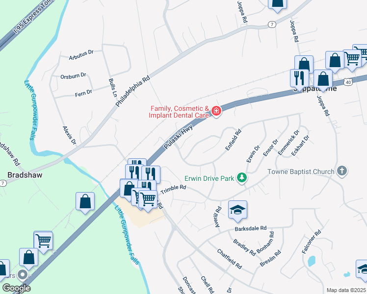 map of restaurants, bars, coffee shops, grocery stores, and more near 323 Tumblers Way in Joppatowne