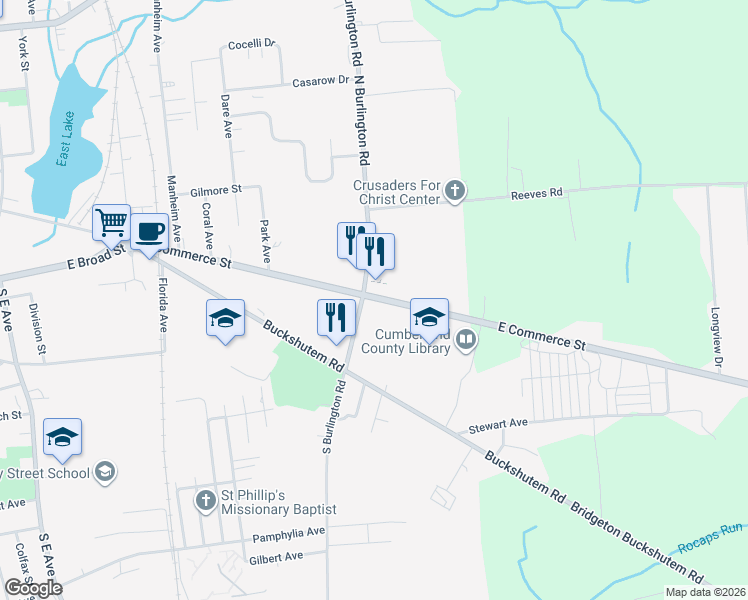map of restaurants, bars, coffee shops, grocery stores, and more near 10 South Burlington Road in Bridgeton